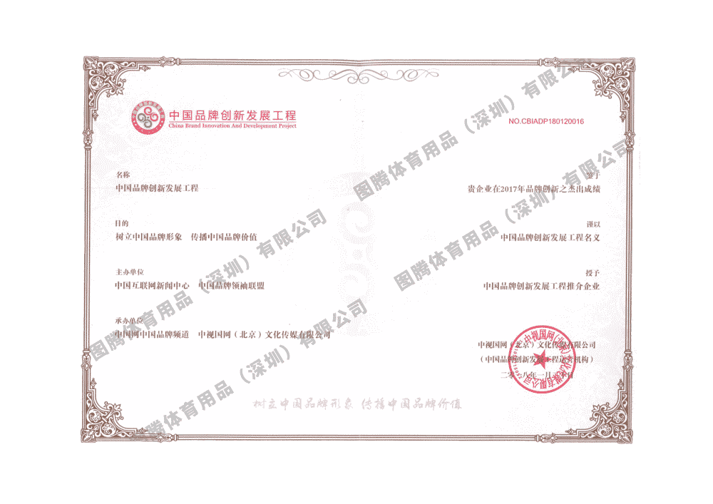 中国品牌创新发展工程推介企业证书